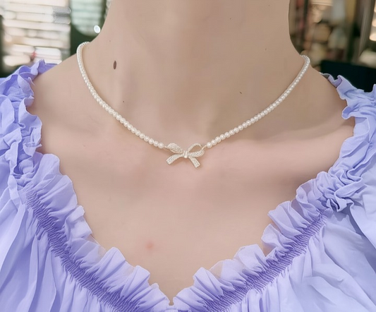 Dainty Bow & Pearl Pendant Necklace – Silver Finish Jewelry for Weddings & Parties
