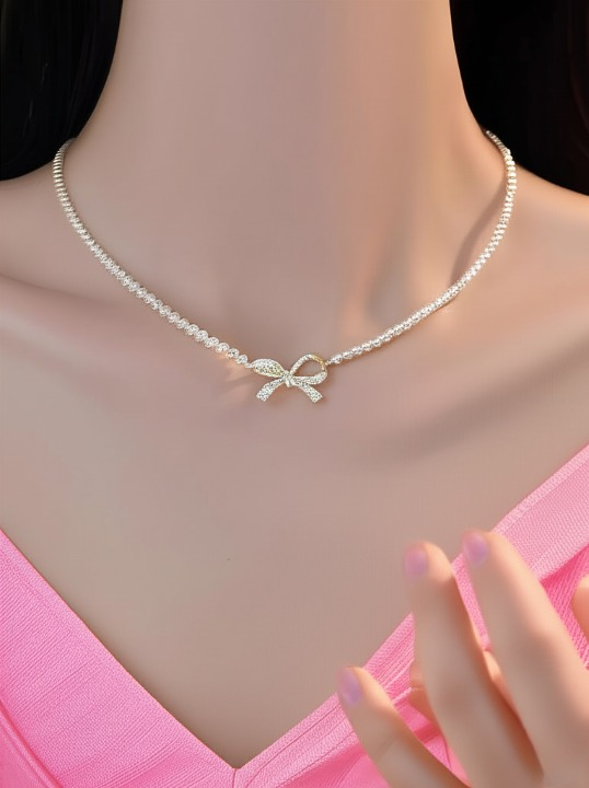 Dainty Bow & Pearl Pendant Necklace – Silver Finish Jewelry for Weddings & Parties