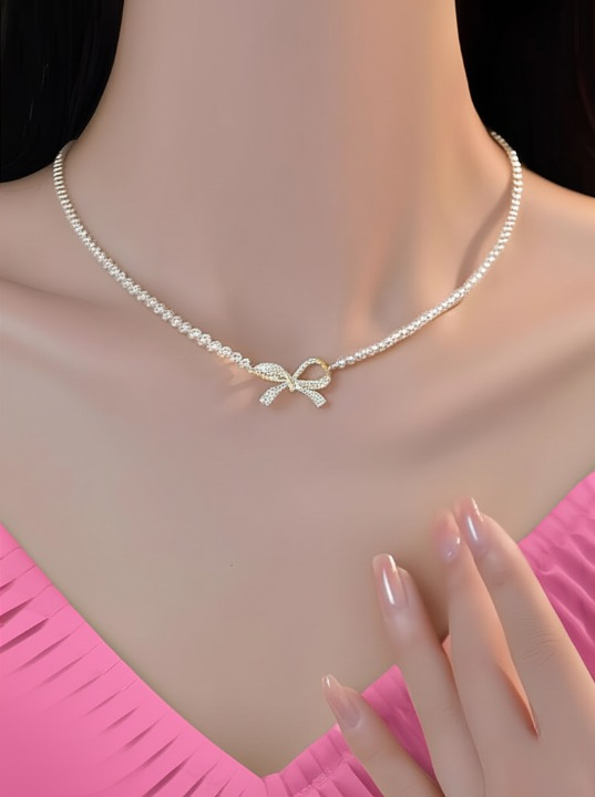Dainty Bow & Pearl Pendant Necklace – Silver Finish Jewelry for Weddings & Parties
