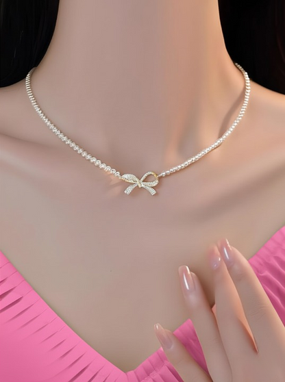 Dainty Bow & Pearl Pendant Necklace – Silver Finish Jewelry for Weddings & Parties