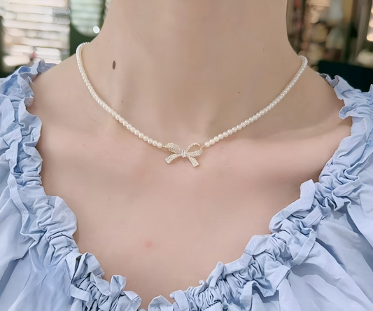 Dainty Bow & Pearl Pendant Necklace – Silver Finish Jewelry for Weddings & Parties